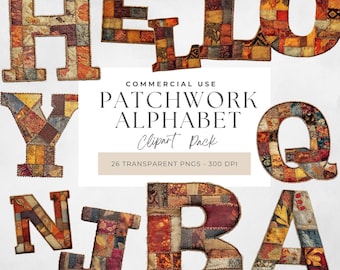 Alfabeto Patchwork PNG Clipart: Descarga digital de letras y números acolchados para proyectos de manualidades