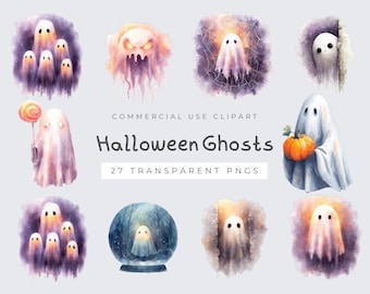 May include: Watercolor illustrations of Halloween ghosts in various styles. Some ghosts are in groups, others hold a pumpkin or a lollipop. The text reads "Halloween Ghosts" and "27 Transparent PNGs". The ghosts are in shades of white, purple, orange, and gray.