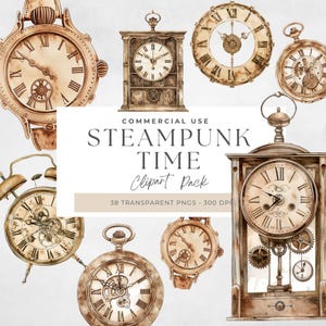 May include: A set of eight watercolor illustrations of steampunk-style clocks. The clocks are in various shapes and sizes, with intricate details and gears. The illustrations are in shades of brown and gold, with a vintage aesthetic.