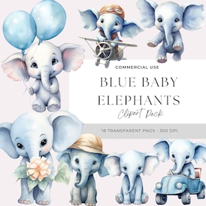Baby Boy Elephant Clipart | Baby Elephant Clipart Blue | Baby Shower | Digital PNG | Instant Download | Watercolor Elephant Illustration