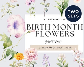 Watercolor Birth Month Flower Clipart: Botanical PNG Bundle
