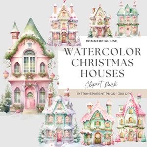 Kerst clipart huis achtergrond, aquarel kerst huis clipart, winter cottage papier ambachten, kaart maken, feestelijke huizen