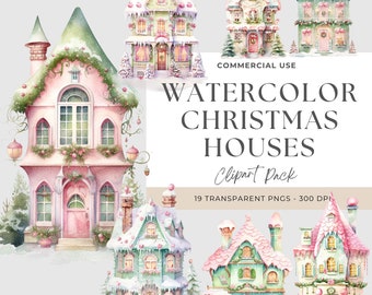 Christmas Clipart House Background, Watercolor Christmas House Clipart, Winter Cottage Paper Crafts, Card Making, Festive Houses
