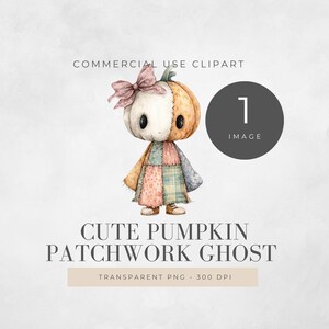 Może przedstawiać: Akwarelowa ilustracja uroczego duszka z dyni patchwork z różową kokardą. Duch wykonany jest z patchworkowej tkaniny w różnych kolorach. Obraz zawiera tekst "Cute Pumpkin Patchwork Ghost" i "Commercial Use Clipart".