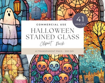 Halloween Stained Glass Clipart, PNG Files for Crafting, Sublimation Designs, Gothic Art, Digital Download, Decor, spooky, cute