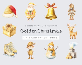 Gold Christmas Clipart, Elegant Watercolor PNG, Holiday Ornaments, Santa, Reindeer, Christmas Tree Download