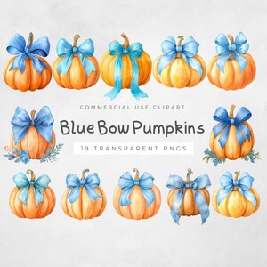 May include: Watercolor illustration of orange pumpkins adorned with blue bows. The image includes the text "Blue Bow Pumpkins" and "19 Transparent PNGs". The pumpkins are arranged in a visually appealing pattern.