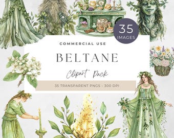 May include: A digital clipart pack with 35 images of watercolour illustrations featuring a green, leafy, nature theme. The images include a green woman with a crown of leaves, a green man with a beard, a green altar with candles, a green fire, and a green flower arrangement in a basket. The text "BELTANE Clipart Pack" is included in the image.