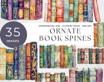 Book Spine Clip Art, Book Spines PNG, Book Junkie Png, Ornate Book Covers with Spine, Watercolor Art Deco Design, Cute Trendy Bookish