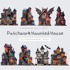 May include: A collection of eight watercolor illustrations of patchwork haunted houses. The houses are in various colors, including red, orange, blue, and gray. The text "Patchwork Haunted House" is displayed below the houses.