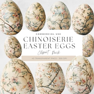 Chinoiserie Easter Eggs Clipart, Elegant Chinoiserie Easter Clipart, Floral Egg Designs, Commercial Use, Digital Download, Brush Painting