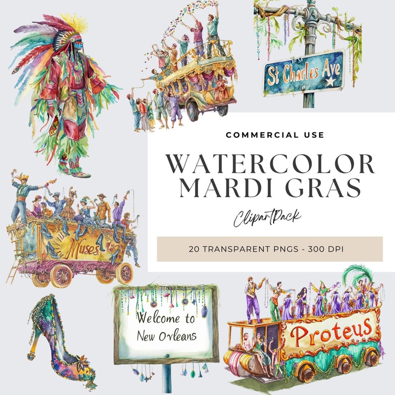 Puede incluir: Ilustraciones de acuarela de Mardi Gras en Nueva Orleans. Las ilustraciones incluyen una carroza de desfile con gente lanzando cuentas, un letrero que dice "St. Charles Ave", una mujer con un disfraz colorido, un zapato y un letrero que dice "Bienvenido a Nueva Orleans".