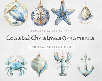 Coastal Christmas Ornaments Clipart, Watercolor Beach Art, Nautical Decor, Digital Download, Holiday Crafting PNGs
