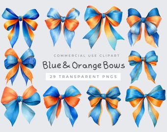Orange and Blue Bow PNG, Digital Download Sublimation Design, Coquette Clipart for Crafting and Decor