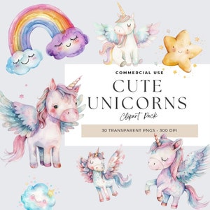 Pode incluir: Um conjunto de 30 imagens clipart de aquarela com lindos unicórnios, arco-íris, nuvens e estrelas. As imagens são perfeitas para criar convites, cartões e outras manualidades.