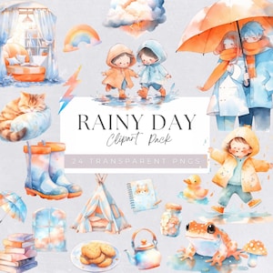 Clipart jour de pluie, autocollants pour agenda numérique, art météorologique, motifs mignons de parapluie, PNG imprimable pour travaux manuels, bottes, imperméable, fantaisiste, enfants