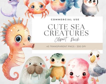 Deep Sea Creatures Clipart, Watercolor Ocean Animals, Digital Download PNG, Cute Underwater Illustrations, Quirky, Colorful art for Kids
