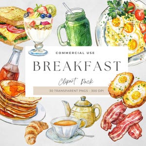Aquarel ontbijt voedingsmiddelen clipart, bacon en ei illustraties, pannenkoeken en wafels pngs, restaurant menugraphics, brunch, toast en boter