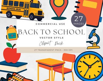 Lot de cliparts pour la rentrée, jolis graphiques numériques PNG pour les enseignants, décoration de salle de classe, autocollants et plus, style vectoriel, autocollant