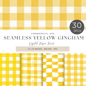 Yellow & White Gingham Plaid Checks Digital Paper, Gingham Digital Paper, Seamless Patterns, Scrapbooking, Backgrounds, Commercial Use