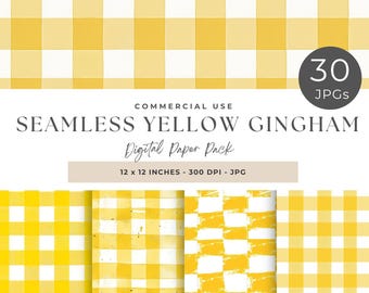 Yellow & White Gingham Plaid Checks Digital Paper, Gingham Digital Paper, Seamless Patterns, Scrapbooking, Backgrounds, Commercial Use
