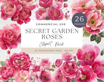 Hot Pink Roses PNG Clipart, Watercolor Floral Design, Digital Download, Transparent Background for Crafts, Hot Pink Roses Bouquet, Wedding