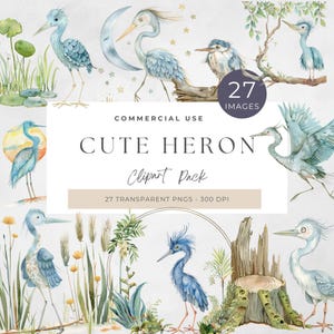 Blue Heron Clipart, Watercolor Bird PNG, Digital Download, Wildlife Art, Nature Clipart, Craft Supplies, Printable Bird Graphics, Coastal