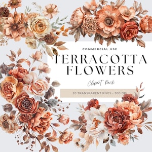 Imágenes prediseñadas de flores de terracota, flores neutras de color naranja y marrón, imágenes prediseñadas de otoño, imágenes prediseñadas de flores de terracota de acuarela, ramo de rosas y peonías
