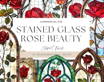 Faux Stained Glass Clipart, Stained Glass Rose Cipart, Red Rose Stained Glass Windows Clipart, Fantasy Window, Floral Clipart, PNG