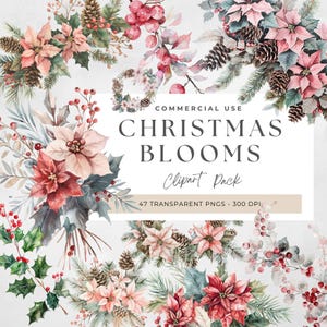 Clipart floral aquarela de Natal, buquê de azevinho e hera, convites de casamento de inverno, feriado em aquarela, vegetação de inverno, galhos de pinheiro