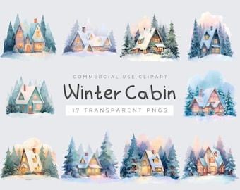 冬の小屋のクリップアート、居心地の良い冬のクリップアート、デジタルダウンロード、雪景色、素朴なクリスマスPNG、休日、コテージコア