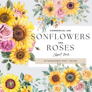 Sonnenblume und Rosen Clipart, Blumencollage, Blumen Clip Art, rote Rose, gelbe Blumen, Blumencollage, Blumenbündel PNG, Vintage Sonnenblume