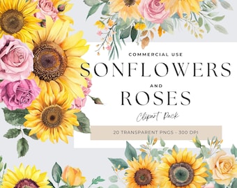 Sunflower and Roses Clipart, Floral Collage, Flower Clip Art, Red Rose, Yellow Flowers, Floral Collage, Flower Bundle PNG, Vintage Sunflower