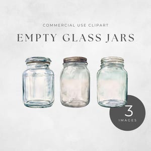 Op de afbeelding: Drie lege glazen potten met zilveren deksels. De potten zijn helder en hebben een licht gematteerde uitstraling. De potten zijn in een rij op een witte achtergrond gerangschikt. De tekst "EMPTY GLASS JARS" staat boven de potten. De tekst "3 IMAGES" staat onder de potten.