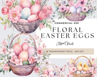 Floral Watercolor Easter Eggs Clipart, Easter Bunny, Watercolour Floral, First Flowers, Spring Floral Clip Art, Easter Png, Instant Download