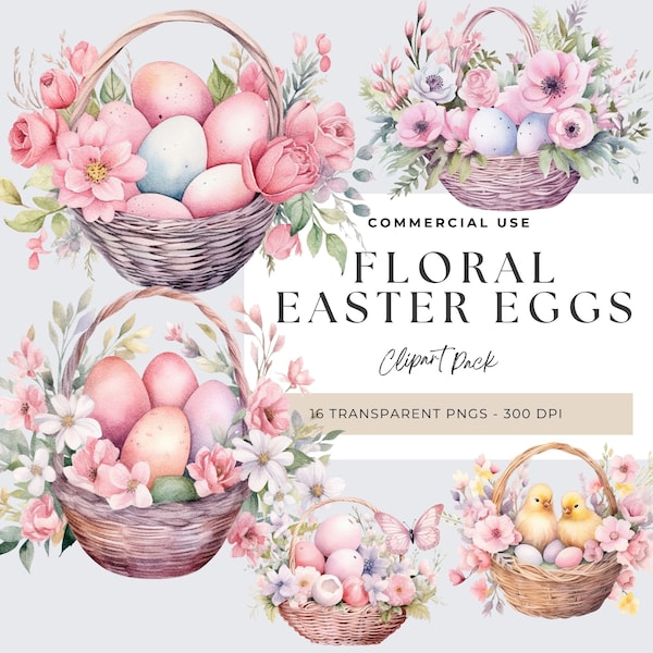 Floral Watercolor Easter Eggs Clipart, Easter Bunny, Watercolour Floral, First Flowers, Spring Floral Clip Art, Easter Png, Instant Download