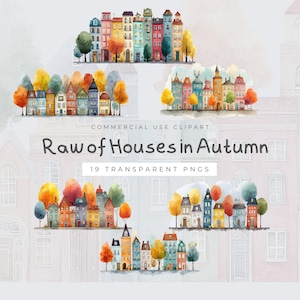 Può includere: Clipart ad acquerello con file di case e alberi colorati nei toni dell'autunno. L'immagine include il testo "Raw of Houses in Autumn" e "19 Transparent PNGs". Il tema generale è un'illustrazione della stagione autunnale.