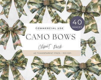 May include: A collection of watercolor camo bows in various sizes and styles. The bows feature a camouflage pattern in shades of green, brown, and beige. The image includes text that reads "CAMO BOWS Clipart Pack" and "40 IMAGES".
