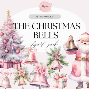 Pink Christmas Bells Clipart | Commercial Use | Christmas Bell Clipart | Card Making | Pink Winter | Santa Claus Clipart | Green Holiday
