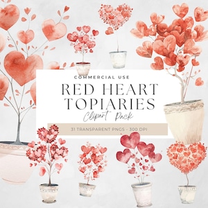 Chinoiserie Red Heart Topiary PNG, Grandmillennial Valentine Clipart, Preppy Heart Art, Vintage Valentines, Watercolor Vintage Style