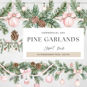 Garland Pink Bow Watercolor Clipart, Christmas Greenery Garland Png, Festive Christmas Garland, Vintage Pink Bow, Winter Holiday Decorations