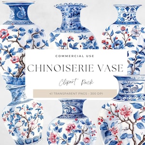 Chinoiserie Vase PNG, Watercolor Clipart, Floral Digital Download, Commercial Use, Blue and White Decor, Grandmillennial, Vintage Jar