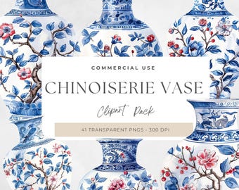 Ilustración de jarrón chinoiserie en acuarela, PNG floral azul y blanco (descarga digital)