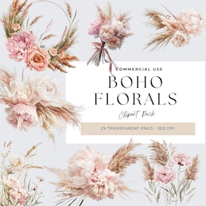 Clipart floral boho, clipart pampas, clipart floral boho clipart pampas, clipart grama pampas, clipart flor, primavera verão, peônia