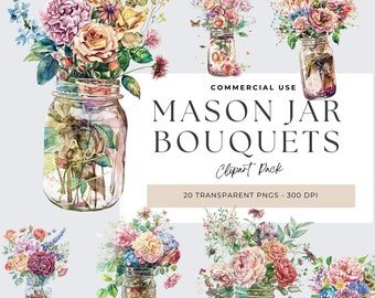 Clipart Flowers In Mason Jar, Mason Jar Flowers Clipart, Flowers in Mason Jars, Botanical Decor, Watercolor Floral Elements, Vase PNG