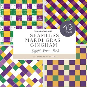 May include: A digital paper pack with 49 seamless Mardi Gras gingham patterns in green, purple, gold, and white. The patterns are 12 x 12 inches and 300 DPI.