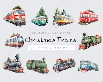 May include: Watercolor illustration of various Christmas trains in red, green, blue, and yellow. The image includes the text "Christmas Trains" and "24 Transparent PNGs". The trains are decorated with Christmas trees and gifts.