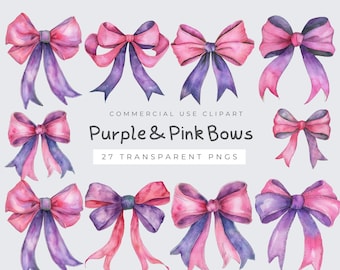 Purple and Pink Bow Clipart, Watercolor Ribbons, Digital Download, Cute Bows for Baby Shower, Craft Supplies