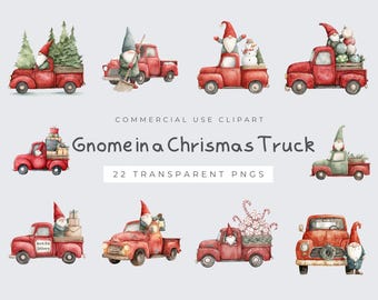 May include: Watercolor clipart featuring red trucks with Christmas gnomes. The trucks are decorated with trees, gifts, and candy canes. Text reads "Gnome in a Christmas Truck" and "22 Transparent PNGs".