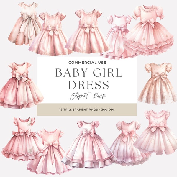 Baby Girl Dress Clipart | Gender Reveal | Baby Shower | Instant Download | Digital Paper Doll Dress | Watercolor Newborn Baby Clipart | Pink